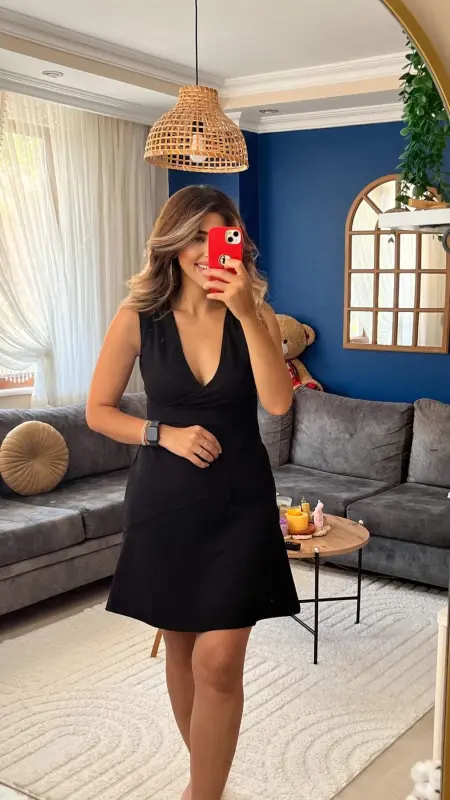 Women's Thick Strap Crossover Neckline Voluminous Skirt Crepe Dress - 1