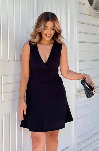 Women's Thick Strap Crossover Neckline Voluminous Skirt Crepe Dress - BÜYÜKBEDENIZ (1)