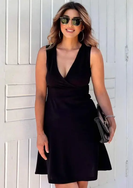 Women's Thick Strap Crossover Neckline Voluminous Skirt Crepe Dress - 5