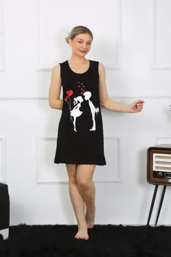 Women's Thick Strap Knit Above-the-knee Black Nightgown 11310 - 10