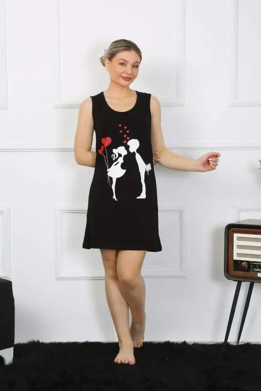 Women's Thick Strap Knit Above-the-knee Black Nightgown 11310 - 10