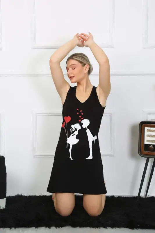 Women's Thick Strap Knit Above-the-knee Black Nightgown 11310 - 5