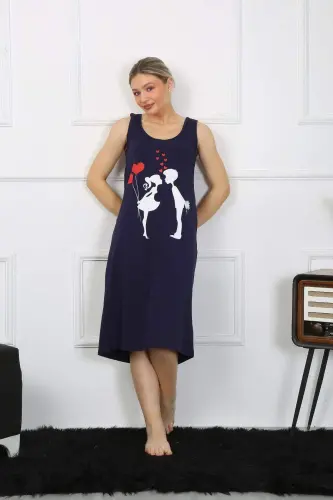 Women's Thick Strap Knit Long Navy Blue Nightgown 12001 - 1