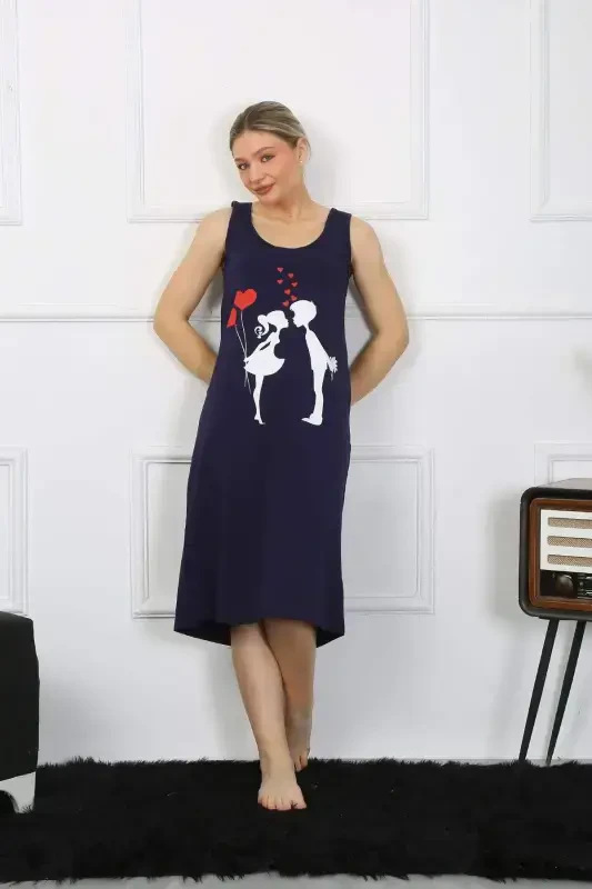 Women's Thick Strap Knit Long Navy Blue Nightgown 12001 - 1