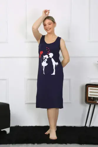 Women's Thick Strap Knit Long Navy Blue Nightgown 12001 - BÜYÜKBEDENIZ (1)