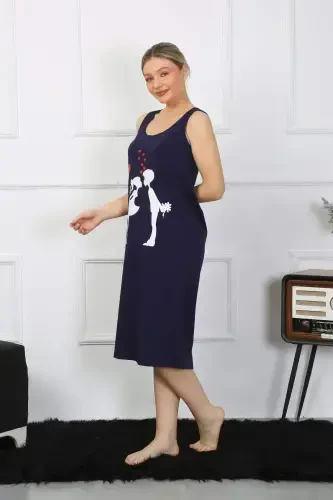 Women's Thick Strap Knit Long Navy Blue Nightgown 12001 - 5