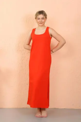 Women's Thick Strap Long Red Nightgown with Slit 90110 - 7