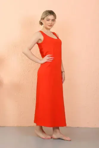 Women's Thick Strap Long Red Nightgown with Slit 90110 - 14