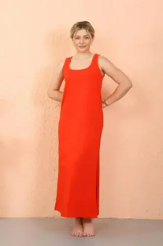 Women's Thick Strap Long Red Nightgown with Slit 90110 - 7