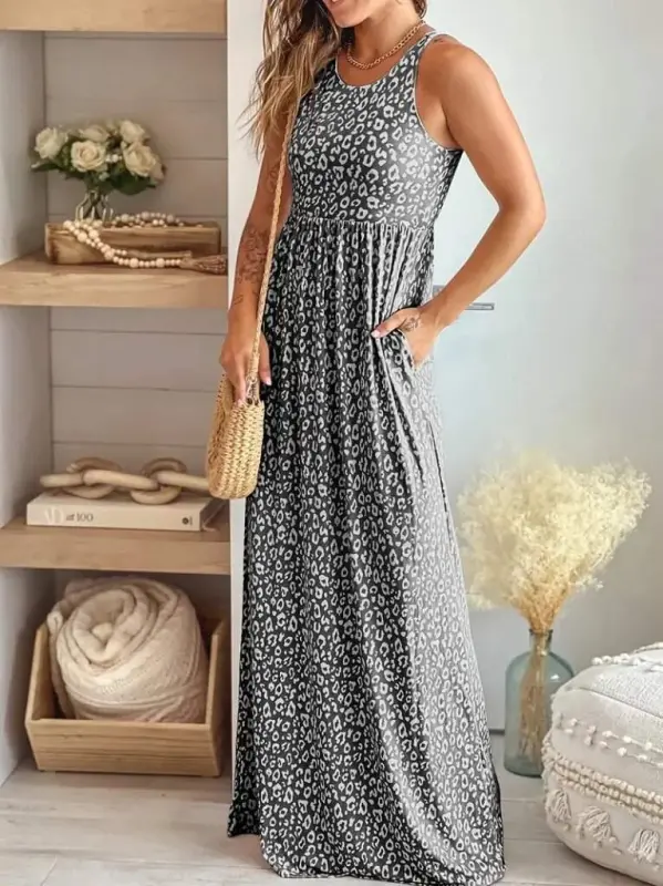 Women's Thick Strap Round Neck Pocketed Supima Maxi Dress - BÜYÜKBEDENIZ