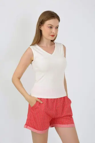 Women's Thick Strap Shorts Pajama Set Ecru 3632 - 9