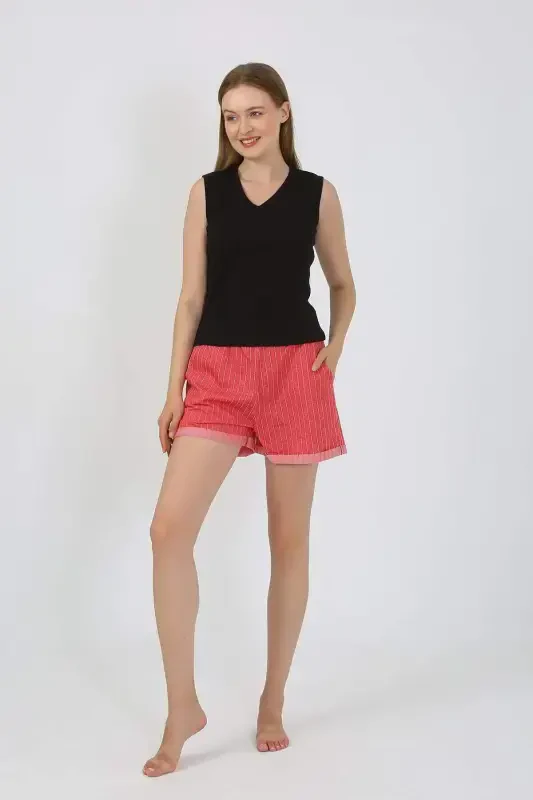 Women's Thick Strap Shorts Pajamas Set Black 3632 - 13