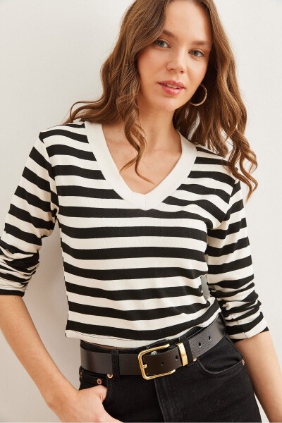 Womens Thick Striped Black V-neck Soft Touch Stretch Blouse BLZ-19002767 - OLALOOK