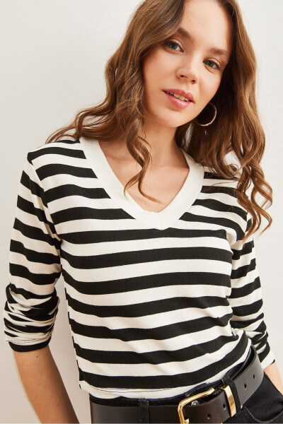 Womens Thick Striped Black V-neck Soft Touch Stretch Blouse BLZ-19002767 - 3