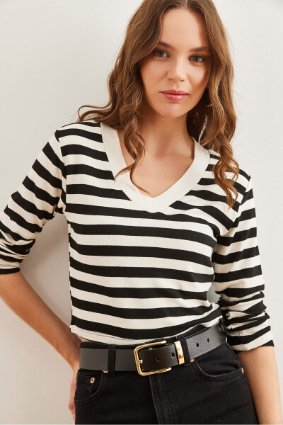 Womens Thick Striped Black V-neck Soft Touch Stretch Blouse BLZ-19002767 - 6