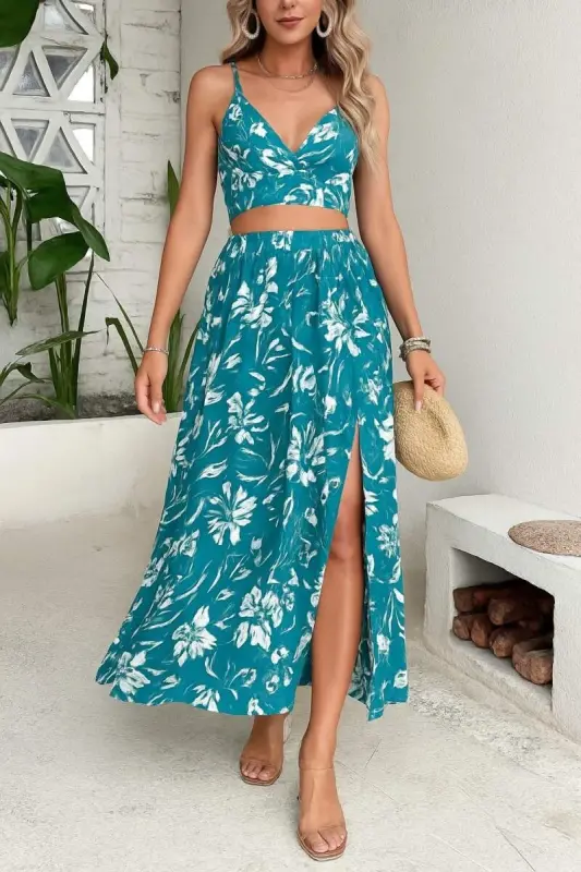 Women's Thin Strap Floral Print Crop Top and Slit Skirt Two-Piece Set - 1
