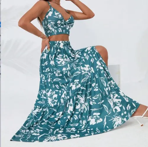 Women's Thin Strap Floral Print Crop Top and Slit Skirt Two-Piece Set - 2