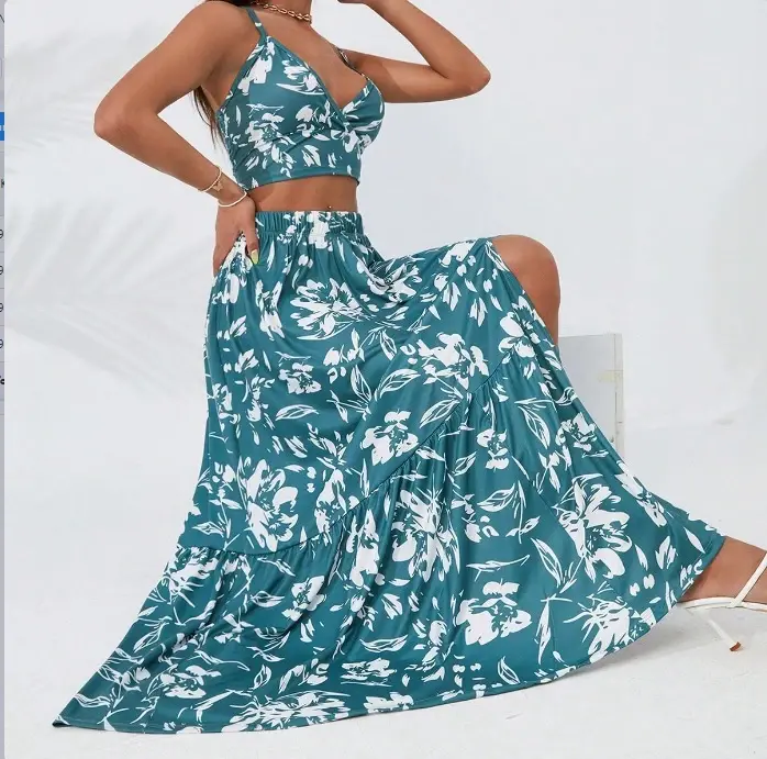 Women's Thin Strap Floral Print Crop Top and Slit Skirt Two-Piece Set - 2