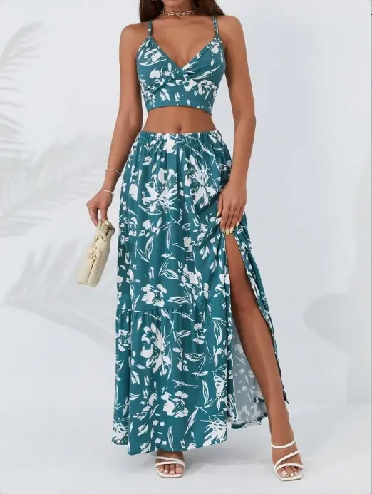 Women's Thin Strap Floral Print Crop Top and Slit Skirt Two-Piece Set - 4