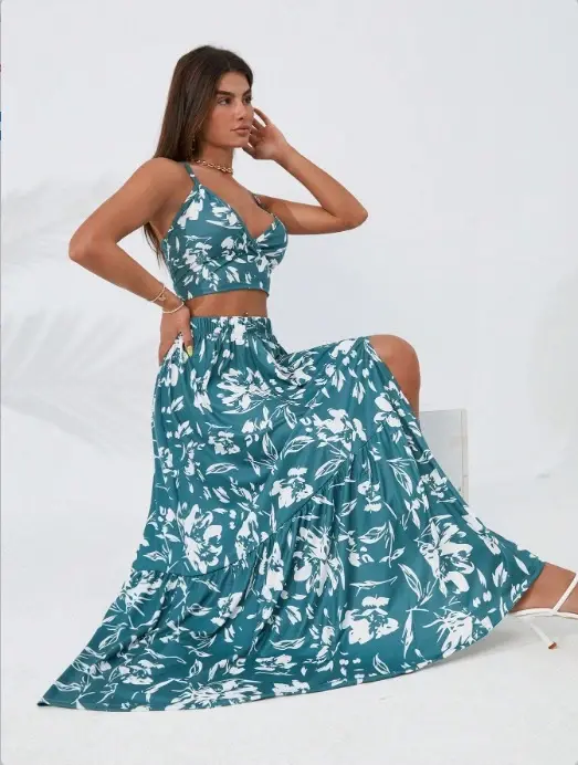 Women's Thin Strap Floral Print Crop Top and Slit Skirt Two-Piece Set - 5