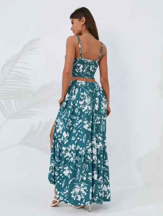 Women's Thin Strap Floral Print Crop Top and Slit Skirt Two-Piece Set - 6