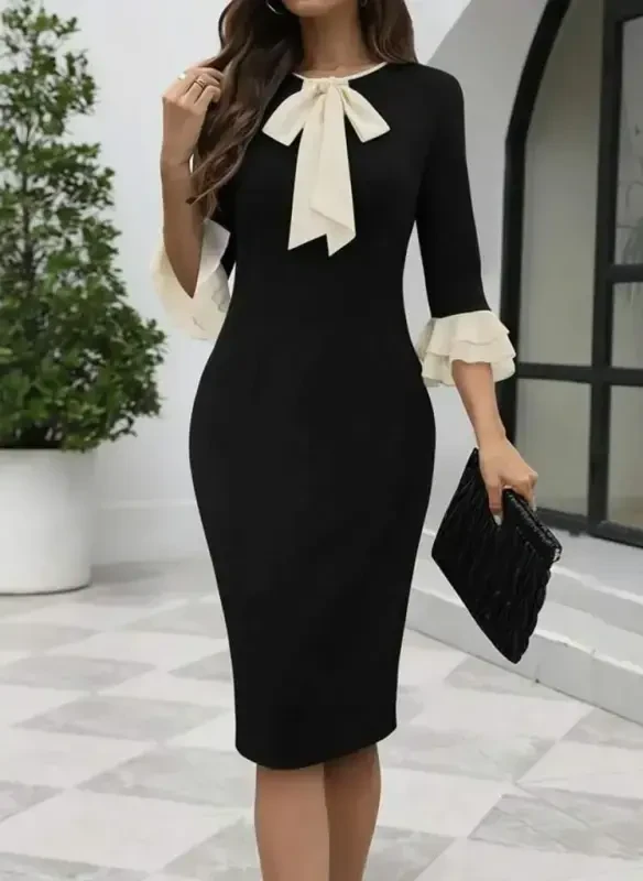 Women's Three Quarter Sleeve Bow Collar Midi Imported Crepe Dress - BÜYÜKBEDENIZ