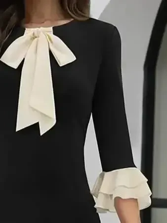 Women's Three Quarter Sleeve Bow Collar Midi Imported Crepe Dress - 2