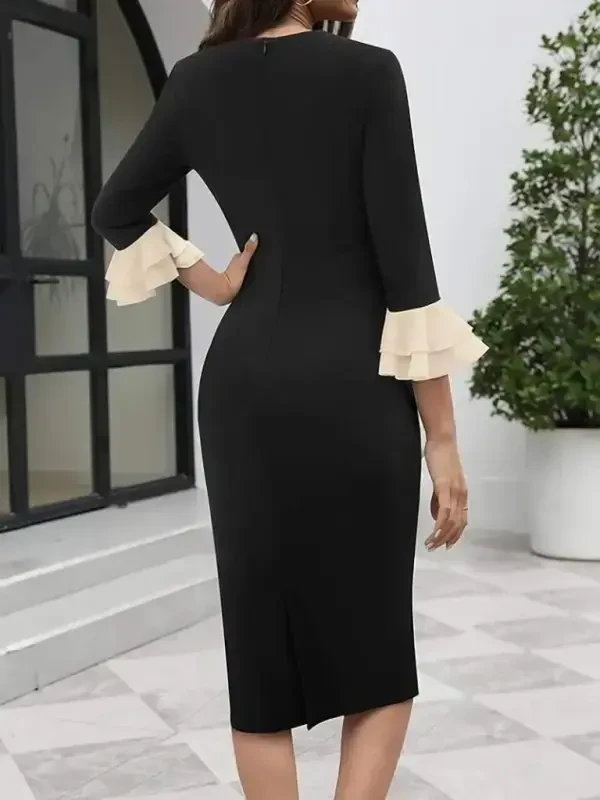 Women's Three Quarter Sleeve Bow Collar Midi Imported Crepe Dress - 4