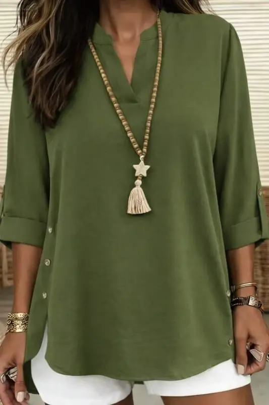 Women's Three-Quarter Sleeve Collared Side Button Detail Aerobin Blouse - BÜYÜKBEDENIZ