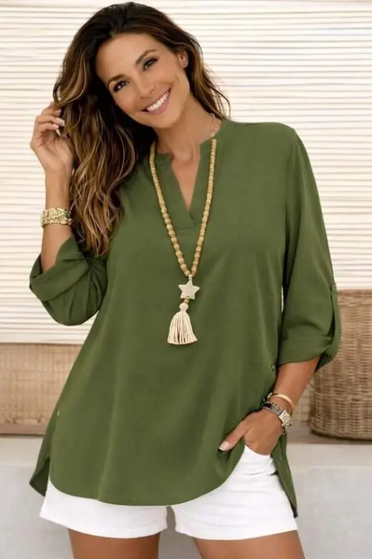 Women's Three-Quarter Sleeve Collared Side Button Detail Aerobin Blouse - 3