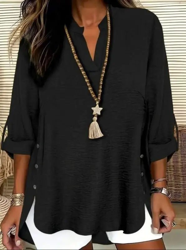 Women's Three-Quarter Sleeve Collared Side Button Detail Aerobin Blouse - 1