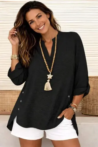 Women's Three-Quarter Sleeve Collared Side Button Detail Aerobin Blouse - BÜYÜKBEDENIZ (1)