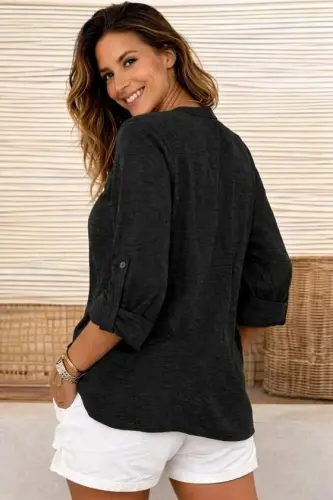 Women's Three-Quarter Sleeve Collared Side Button Detail Aerobin Blouse - 3