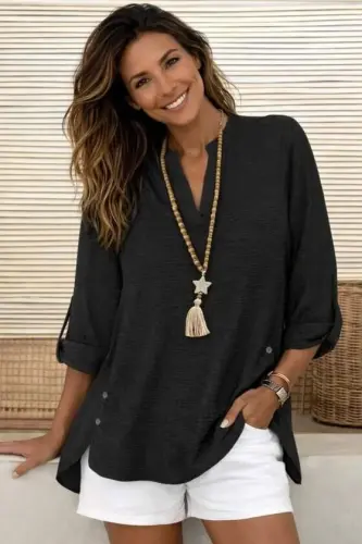 Women's Three-Quarter Sleeve Collared Side Button Detail Aerobin Blouse - 4