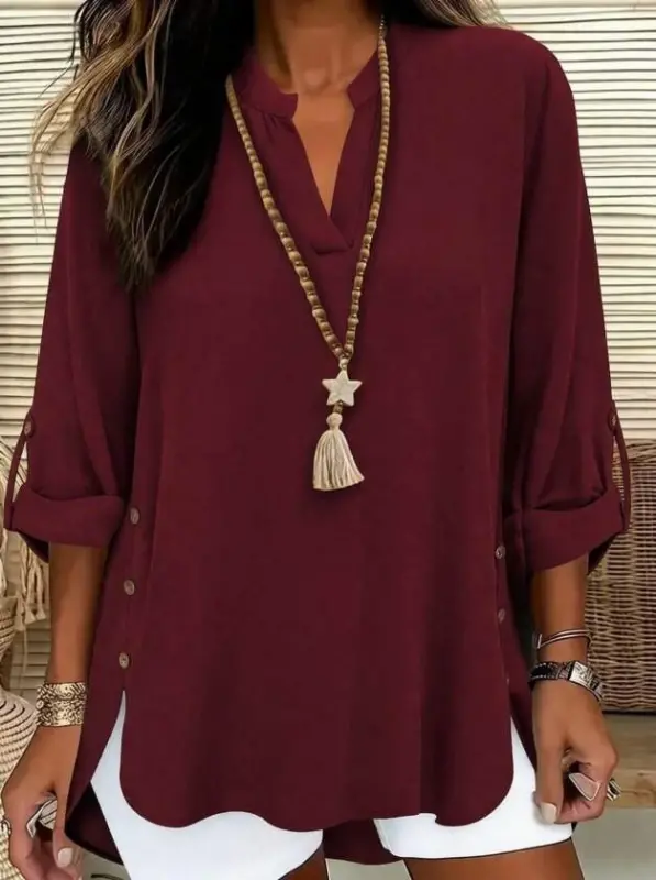 Women's Three-Quarter Sleeve Mock Neck Side Button Detail Aerobin Blouse - BÜYÜKBEDENIZ