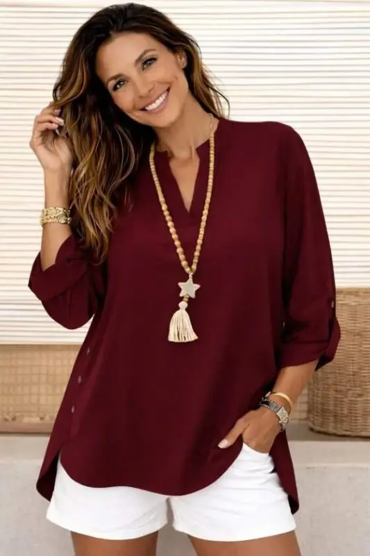 Women's Three-Quarter Sleeve Mock Neck Side Button Detail Aerobin Blouse - 2