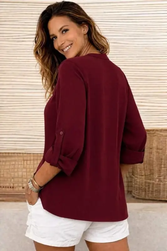 Women's Three-Quarter Sleeve Mock Neck Side Button Detail Aerobin Blouse - 3