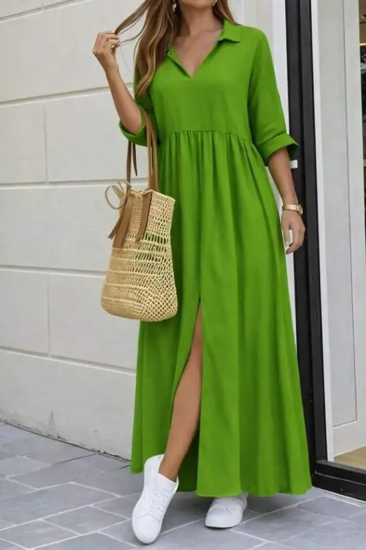 Women's Three-Quarter Sleeve V-Neck Slit Long Aerobin Dress - BÜYÜKBEDENIZ