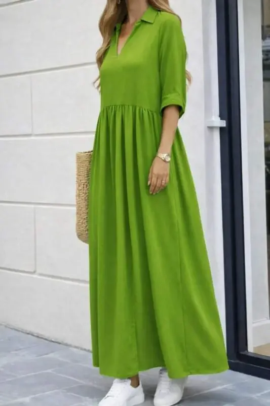 Women's Three-Quarter Sleeve V-Neck Slit Long Aerobin Dress - 2