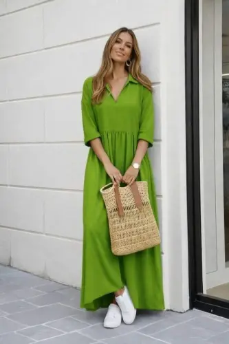 Women's Three-Quarter Sleeve V-Neck Slit Long Aerobin Dress - 3