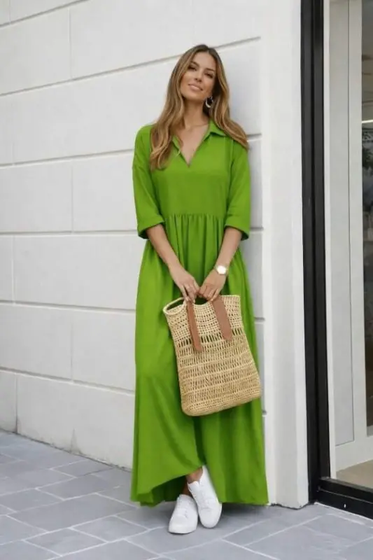 Women's Three-Quarter Sleeve V-Neck Slit Long Aerobin Dress - 3