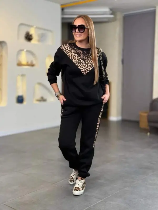 Women's Three Thread Fabric Leopard Patterned Lace Detailed Two Piece Set - BÜYÜKBEDENIZ