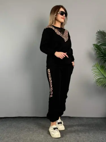 Women's Three Thread Fabric Leopard Patterned Lace Detailed Two Piece Set - BÜYÜKBEDENIZ (1)