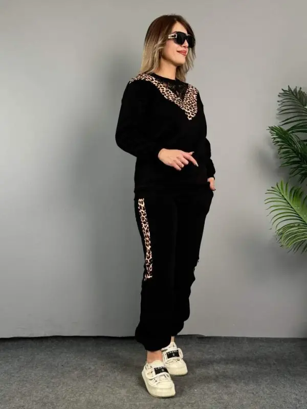 Women's Three Thread Fabric Leopard Patterned Lace Detailed Two Piece Set - 2