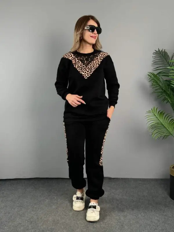 Women's Three Thread Fabric Leopard Patterned Lace Detailed Two Piece Set - 3