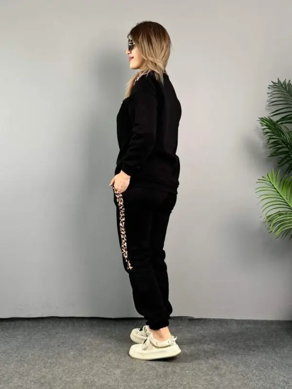 Women's Three Thread Fabric Leopard Patterned Lace Detailed Two Piece Set - 4