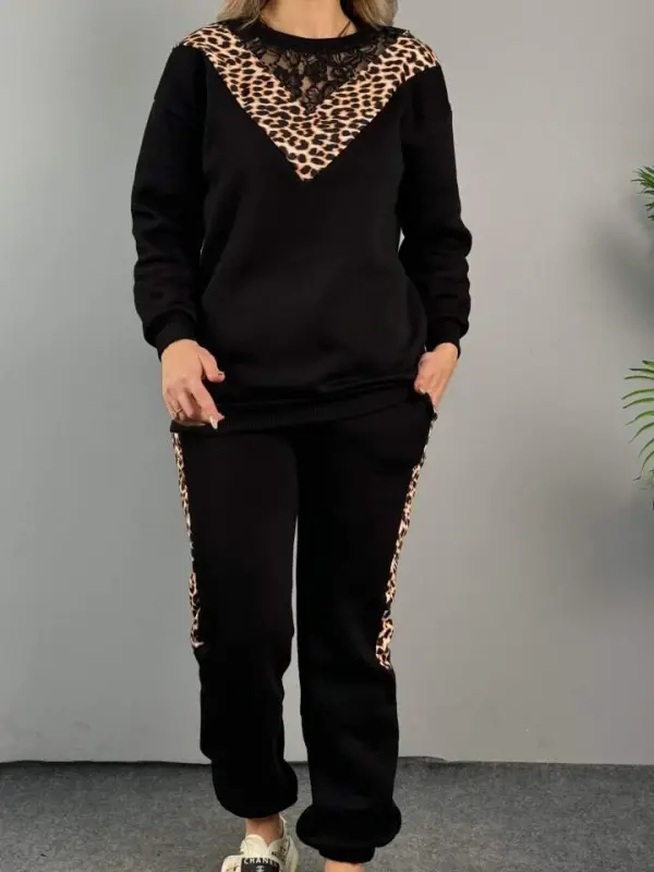 Women's Three Thread Fabric Leopard Patterned Lace Detailed Two Piece Set - 5