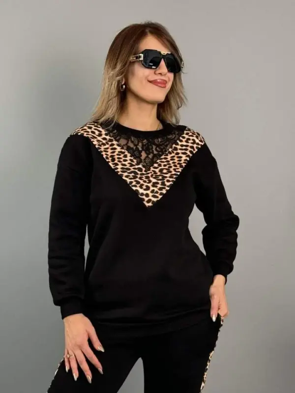 Women's Three Thread Fabric Leopard Patterned Lace Detailed Two Piece Set - 6