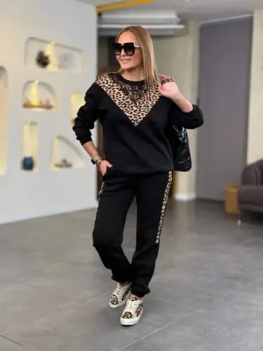 Women's Three Thread Fabric Leopard Patterned Lace Detailed Two Piece Set - 8