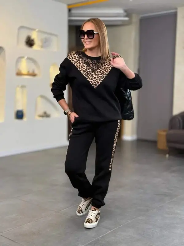 Women's Three Thread Fabric Leopard Patterned Lace Detailed Two Piece Set - 8